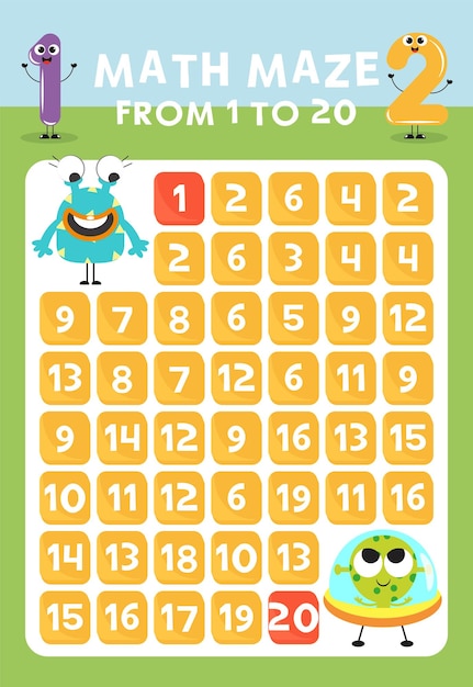 Playful Math Maze from 1 to 20 with Colorful Characters | Jiffy Designs