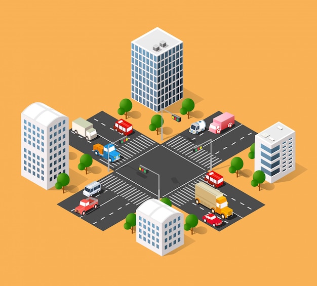 Vibrant Isometric City Intersection with Diverse Vehicles | Jiffy Designs