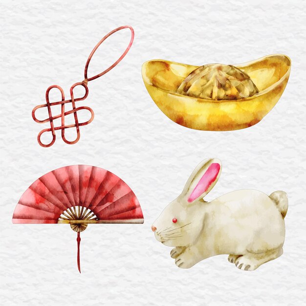 Watercolor Illustrations of Chinese Cultural Elements and Rabbit ...