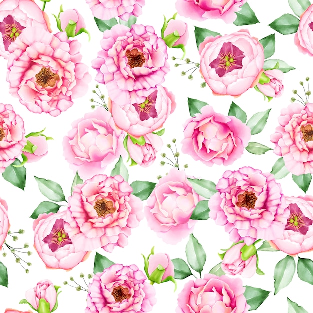 Vibrant Pink Peonies and Roses Watercolor Floral Pattern | Jiffy Designs