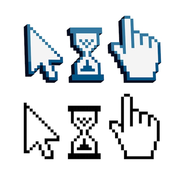 Retro Pixel Cursor Icons: Arrow, Hourglass, and Hand Pointer | Jiffy ...