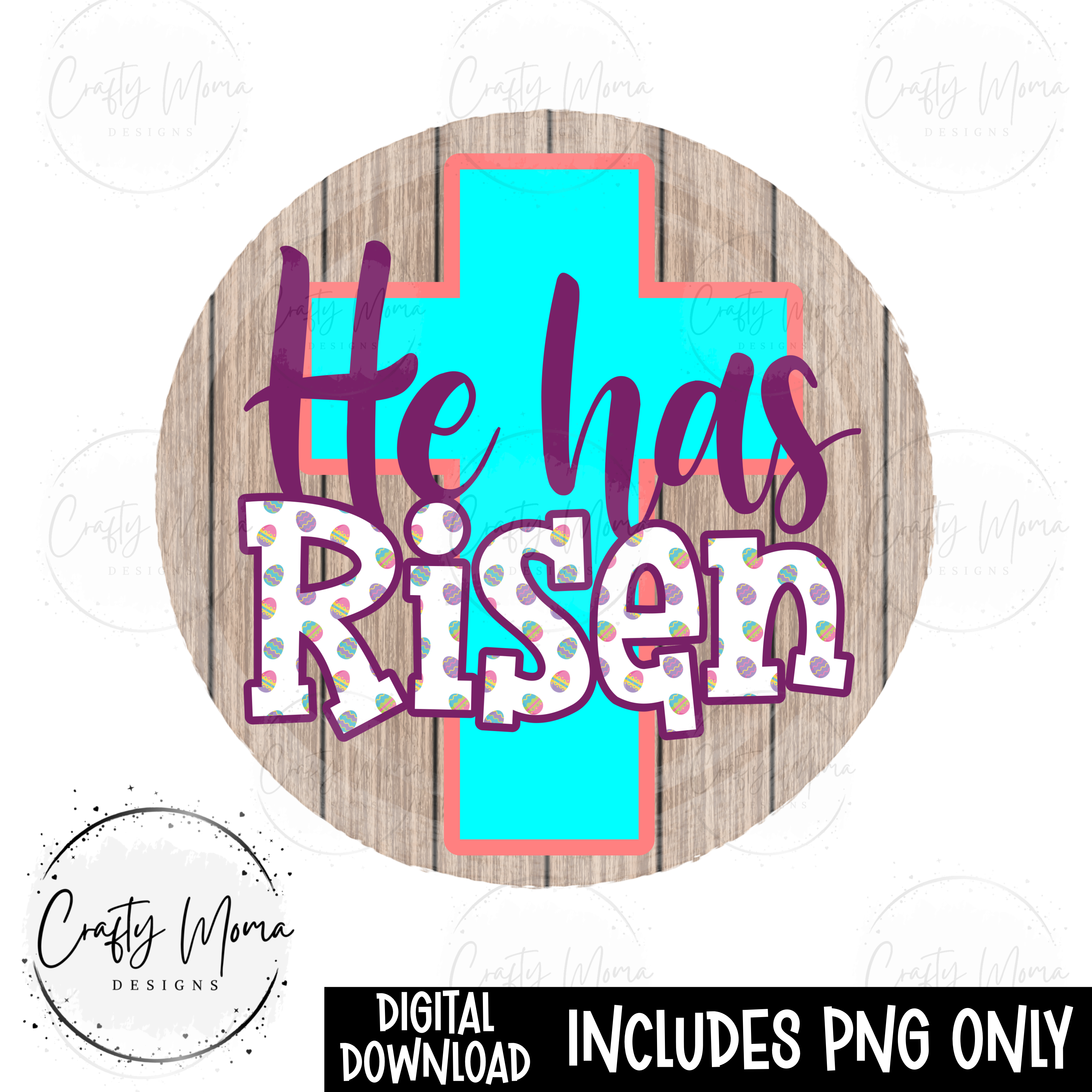 'He Has Risen' Vibrant Cross Design on Rustic Wooden Background | Jiffy ...