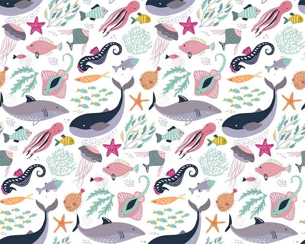 Vibrant Marine Life Pattern with Whales and Underwater Creatures ...