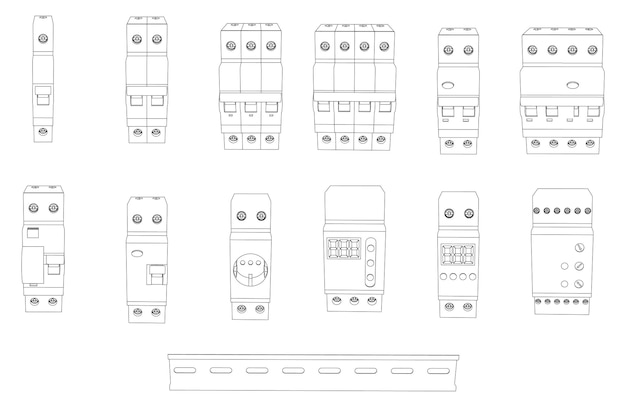 Diverse Electrical Circuit Breakers in Monochrome Outline | Jiffy Designs