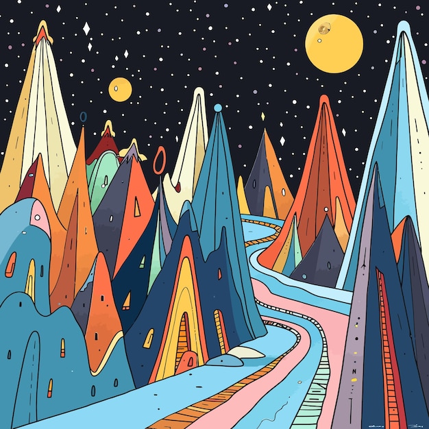 Vibrant Mountainous Landscape Under the Starry Night Sky | Jiffy Designs