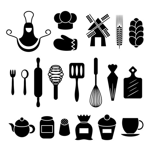 Baking Kitchen Tools Silhouettes Set Apron Gauntlet Spoon Flour Rolling ...