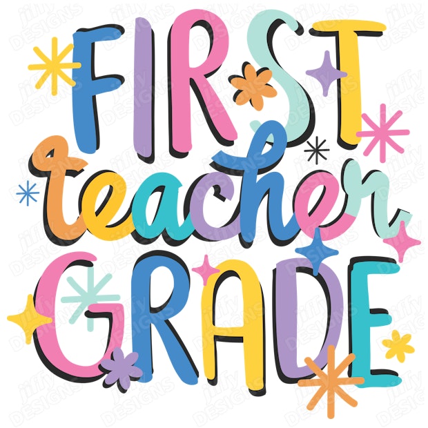 'First Teacher Grade' Vibrant Lettering with Playful Decorative ...