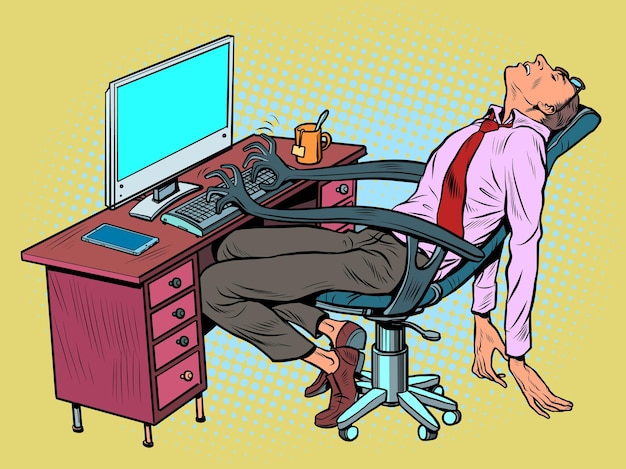 Exhausted Office Worker Napping at Messy Desk with Computer | Jiffy Designs