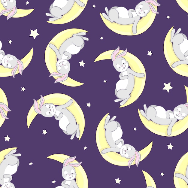 Whimsical Bunny Moon Pattern on Purple Background | Jiffy Designs
