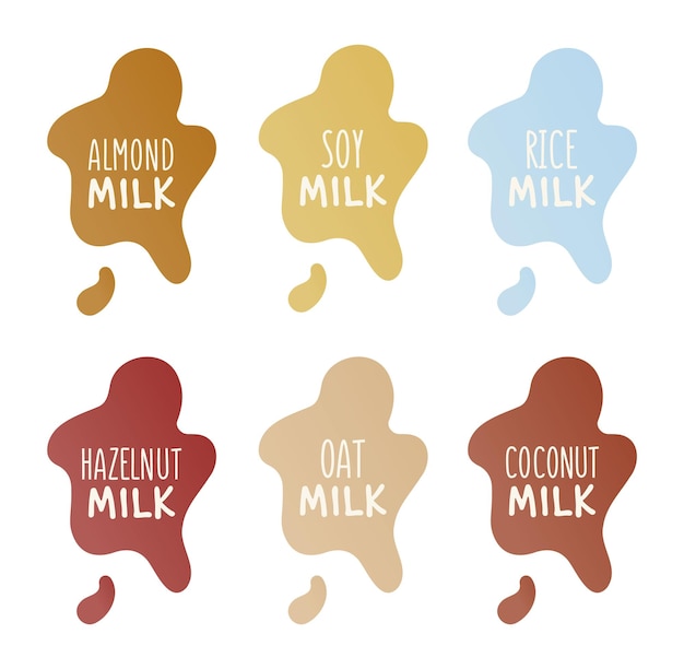 Colorful Milk Alternatives Almond, Soy, Rice, Hazelnut, Oat, Coconut