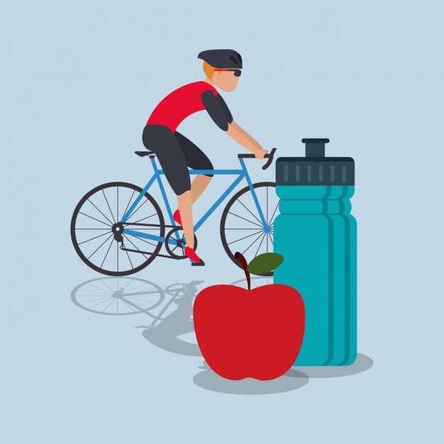 Cyclist Riding Bicycle with Apple and Water Bottle Illustration | Jiffy ...