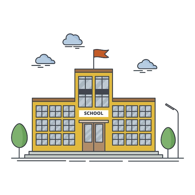 Vibrant School Building with Clouds and Trees | Jiffy Designs