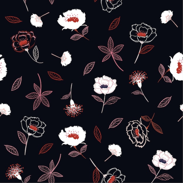 Elegant Floral Pattern with White and Red Blooms on Black | Jiffy Designs