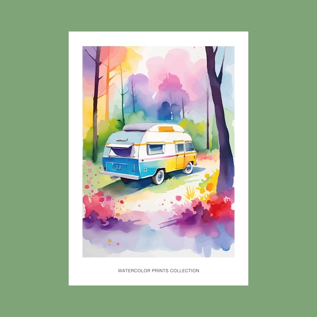Vibrant Watercolor Illustration of a Retro Camper Van in the Woods ...