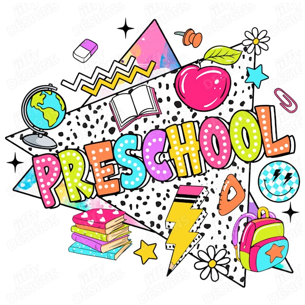 'Preschool' Vibrant Cartoon Collage with Educational Symbols and ...