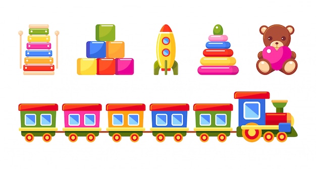 Vibrant Toy Collection: Xylophone, Blocks, Rocket, Pyramid, and Teddy ...