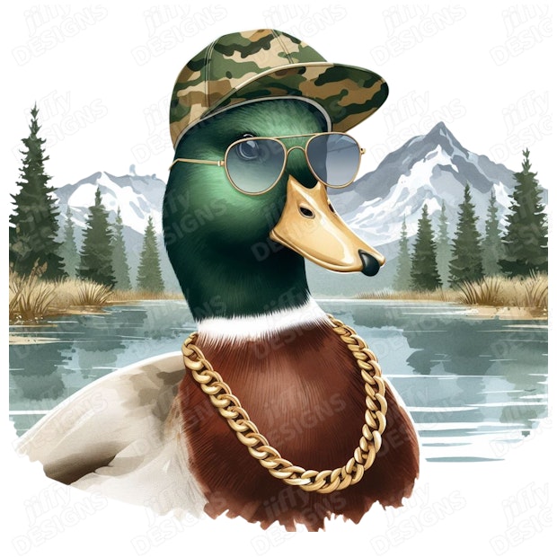 Dapper Duck in Camo Cap Sporting Shades and Gold Chain Jiffy Designs