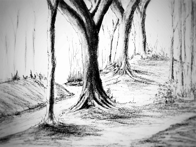 Charcoal Drawing of a Twisted Tree in a Forest Setting | Jiffy Designs