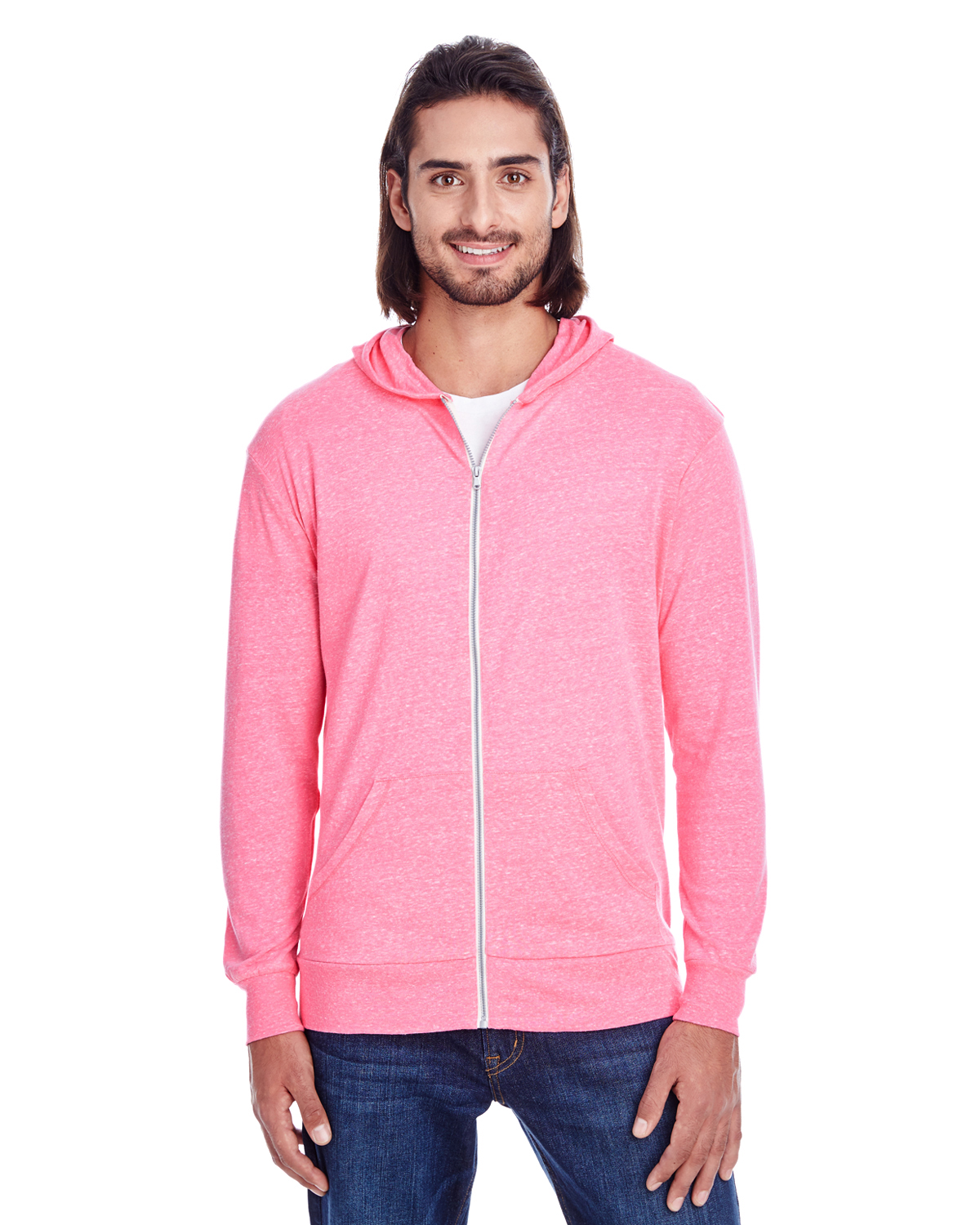 Threadfast Apparel 302Z Unisex Triblend Full Zip Light Hoodie Neon Pink Tribld S