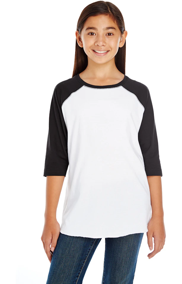 LAT Women's Baseball Tee – 3/4 Raglan Sleeve, Fine Jersey, Black/Storm Camo, Large