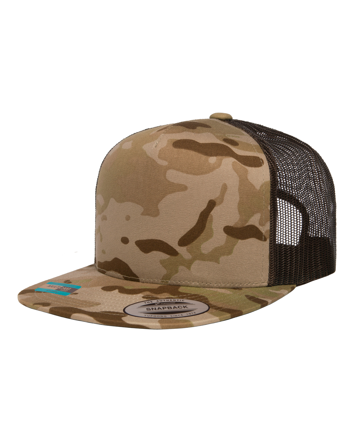 Yupoong Unisex 5 Panel Flat Bill Trucker Cap 6006 Multicam Arid Brown Jiffy