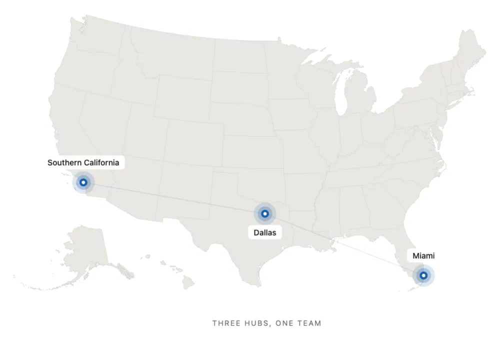 Map of Jiffy US offices in Southern California, Dallas, and Miami